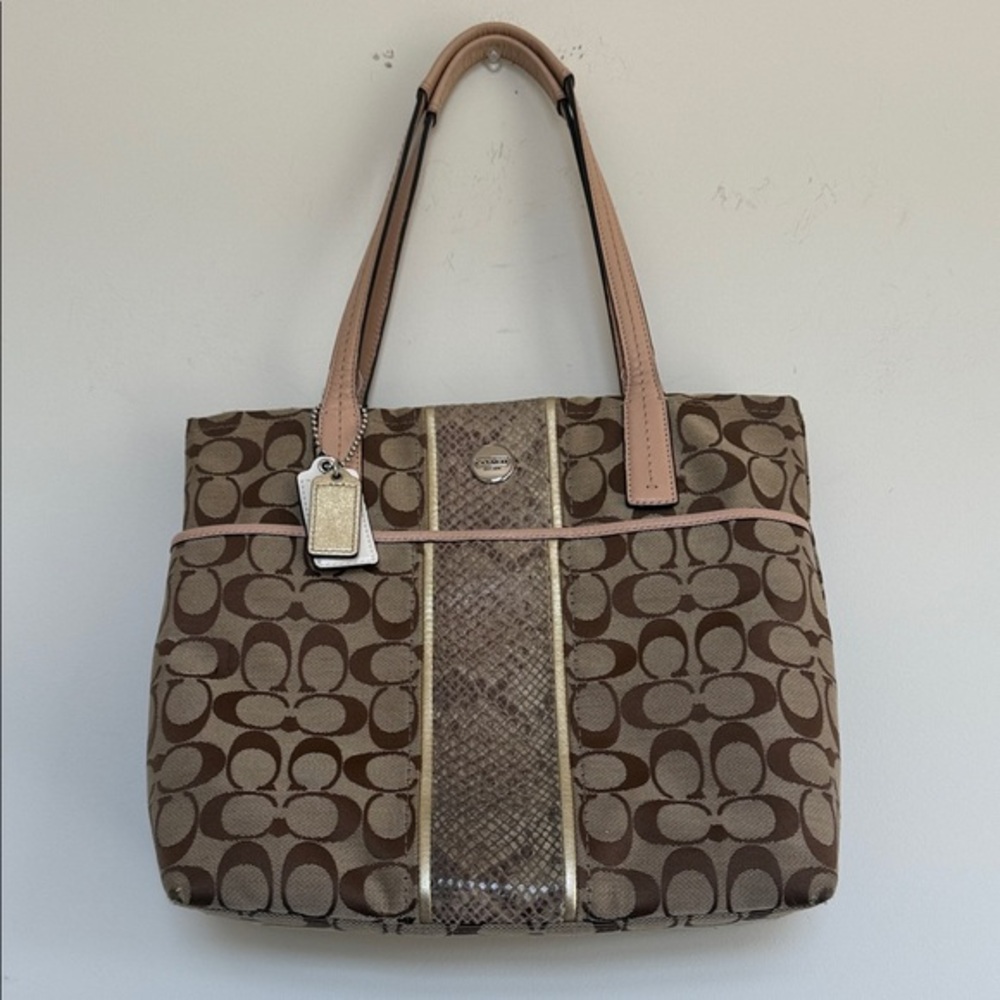 Coach Brown and Tan Signature Tote with Pink Accents